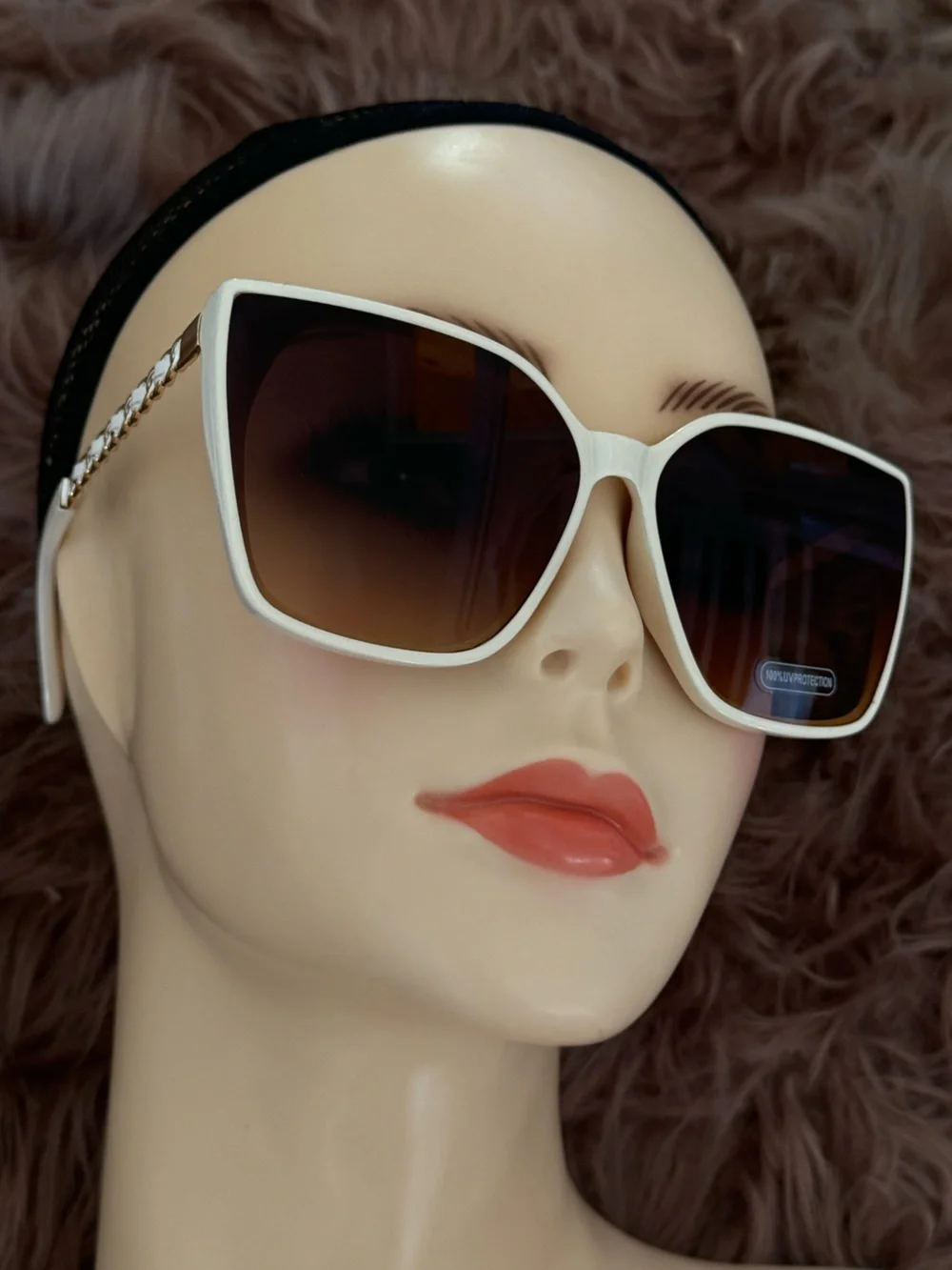 Futuristic sunglasses white cat eye brown lens gold chain style accents